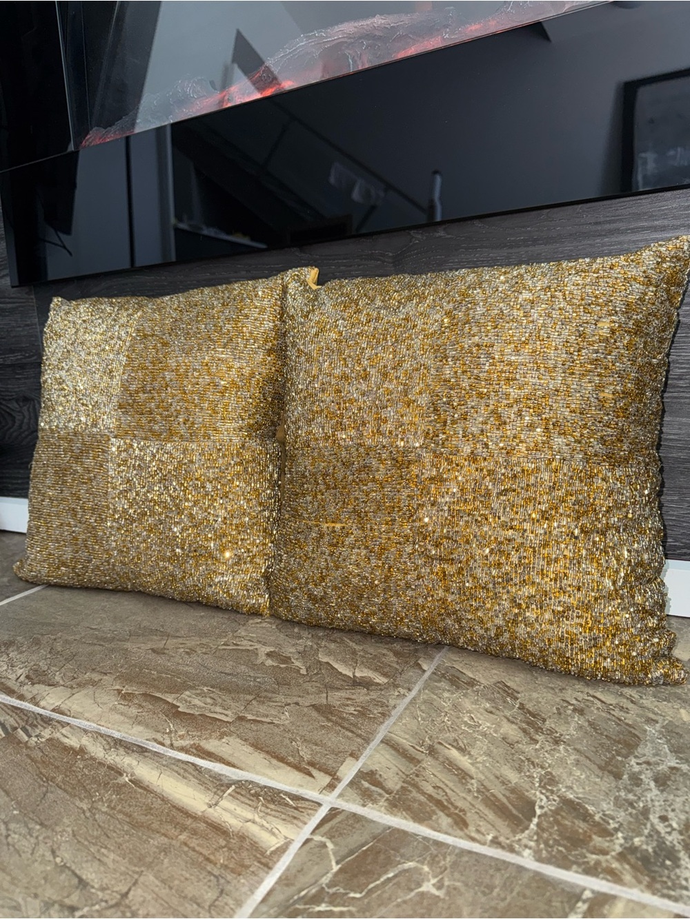 Pier 1 Gold Beaded Accent Decor Luxury Pillows - Set of 2